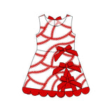 Preorder Samples GSD3833 Baseball Bows Red Scallop Edge Yoga Girl's Dress Onesie