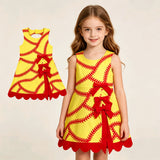 GSD3834 Softball Bows Red Scallop Edge Yoga Girl's Dress Onesie