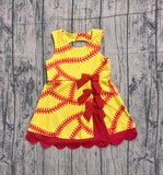 Preorder Samples GSD3834 Softball Bows Red Scallop Edge Yoga Girl's Dress Onesie