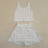 GSD3839 Sky Blue Plaid Yoga Girls Skorts Set