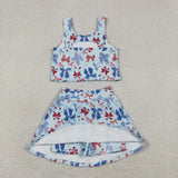 GSD3874 4th of July Bows Yoga Girls Skorts Set