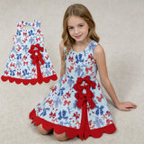GSD3875 4th of July Bows Scallop Edge Yoga Girl's Dress Onesie