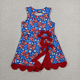 GSD3925 4th of July Bows Star Scallop Edge Yoga Girl's Dress Onesie