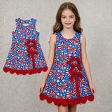 GSD3925 4th of July Bows Star Scallop Edge Yoga Girl's Dress Onesie