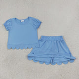 GSD3933 Solid Color Blue Color Scallop Edge Girls Skorts Set