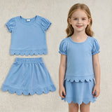 GSD3933 Solid Color Blue Color Scallop Edge Girls Skorts Set
