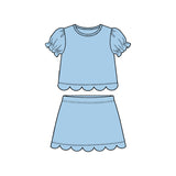Preorder Samples GSD3933 Solid Color Blue Color Scallop Edge Girls Skorts Set