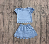 Preorder Samples GSD3933 Solid Color Blue Color Scallop Edge Girls Skorts Set