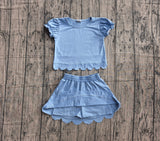 Preorder Samples GSD3933 Solid Color Blue Color Scallop Edge Girls Skorts Set