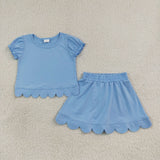 GSD3933 Solid Color Blue Color Scallop Edge Girls Skorts Set