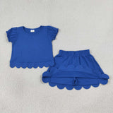 GSD3937 Solid Color Blue Scallop Edge Girls Skorts Set