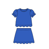 Preorder Samples GSD3937 Solid Color Blue Scallop Edge Girls Skorts Set