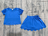 Preorder Samples GSD3937 Solid Color Blue Scallop Edge Girls Skorts Set