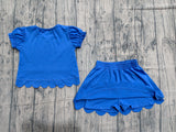 Preorder Samples GSD3937 Solid Color Blue Scallop Edge Girls Skorts Set