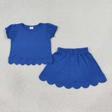 GSD3937 Solid Color Blue Scallop Edge Girls Skorts Set