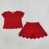 GSD3938 Solid Color Red Scallop Edge Girls Skorts Set