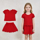 GSD3938 Solid Color Red Scallop Edge Girls Skorts Set