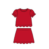 Preorder Samples GSD3938 Solid Color Red Scallop Edge Girls Skorts Set