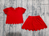 Preorder Samples GSD3938 Solid Color Red Scallop Edge Girls Skorts Set