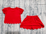 Preorder Samples GSD3938 Solid Color Red Scallop Edge Girls Skorts Set