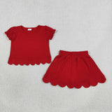 GSD3938 Solid Color Red Scallop Edge Girls Skorts Set