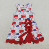 GSD3945 4th of July Bows Fireworks Scallop Edge Yoga Girl's Dress Onesie