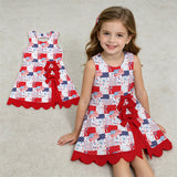 GSD3945 4th of July Bows Fireworks Scallop Edge Yoga Girl's Dress Onesie