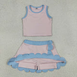 GSD4010 Solid Color Light Pink Scallop Edge Yoga Girls Skorts Set