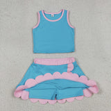 GSD4013 Solid Color Pink Mint Scallop Edge Yoga Girls Skorts Set