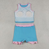GSD4013 Solid Color Pink Mint Scallop Edge Yoga Girls Skorts Set