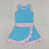 GSD4013 Solid Color Pink Mint Scallop Edge Yoga Girls Skorts Set