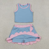 GSD4014 Solid Color Blue Color Scallop Edge Yoga Girls Skorts Outfits