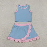 GSD4014 Solid Color Blue Color Scallop Edge Yoga Girls Skorts Outfits