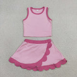 GSD4019 Solid Color Pink Scallop Edge Yoga Girls Skorts Outfits