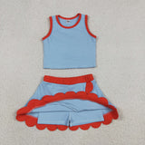 GSD4020 Solid Color Blue Orange Color Scallop Edge Yoga Girls Skorts Set