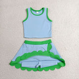 GSD4021 Solid Color Blue Green Color Scallop Edge Yoga Girls Skorts Set