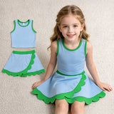 GSD4021 Solid Color Blue Green Color Scallop Edge Yoga Girls Skorts Set