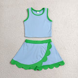GSD4021 Solid Color Blue Green Color Scallop Edge Yoga Girls Skorts Set
