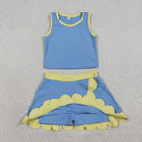 GSD4022 Solid Color Blue Yellow Color Scallop Edge Yoga Girls Skorts Set