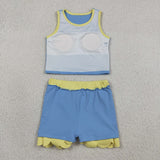 GSD4022 Solid Color Blue Yellow Color Scallop Edge Yoga Girls Skorts Set