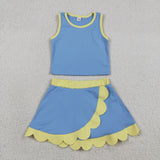 GSD4022 Solid Color Blue Yellow Color Scallop Edge Yoga Girls Skorts Set