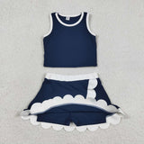 GSD4024 Solid Color Navy White Color Scallop Edge Yoga Girls Skorts Outfits