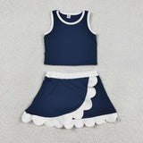 GSD4024 Solid Color Navy White Color Scallop Edge Yoga Girls Skorts Outfits