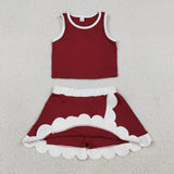 GSD4027 Solid Color Dark Red Color Scallop Edge Yoga Girls Skorts Set