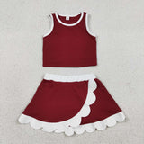 GSD4027 Solid Color Dark Red Color Scallop Edge Yoga Girls Skorts Set