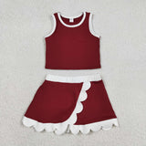 GSD4027 Solid Color Dark Red Color Scallop Edge Yoga Girls Skorts Set
