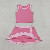 GSD4063 Solid Color Pink Scallop Edge Yoga Girls Skorts Set