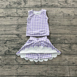 Preorder Samples GSD4067 Purple Plaid Scallop Edge Yoga Girls Skorts Set