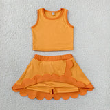 GSD4081 Solid Color Orange Scallop Edge Yoga Girls Skorts Set