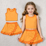 GSD4081 Solid Color Orange Scallop Edge Yoga Girls Skorts Set
